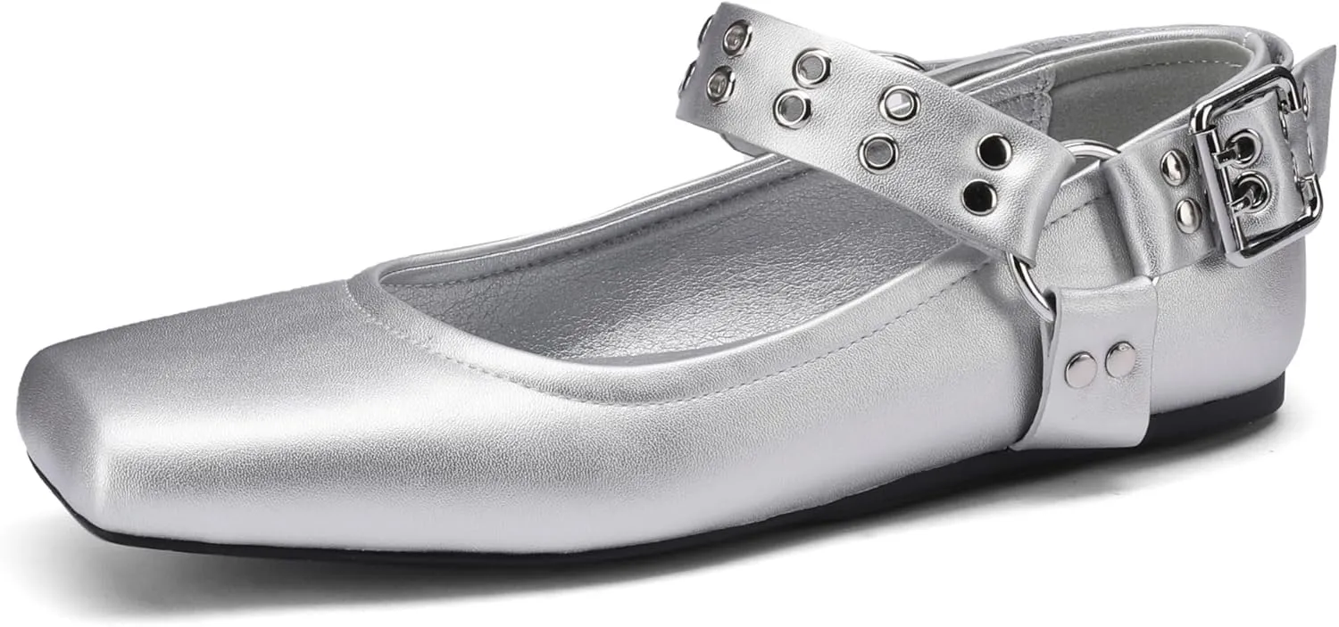 Women's Sliver Black Studded Ankle Strap Square Toe Mary Jane Flats Office, Party, Daily Wear
