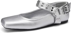 Women's Sliver Black Studded Ankle Strap Square Toe Mary Jane Flats Office, Party, Daily Wear
