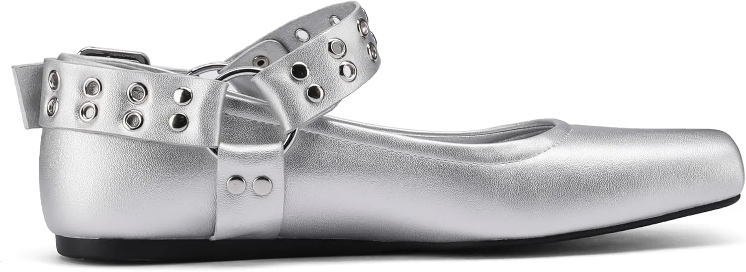 Women's Sliver Black Studded Ankle Strap Square Toe Mary Jane Flats Office, Party, Daily Wear