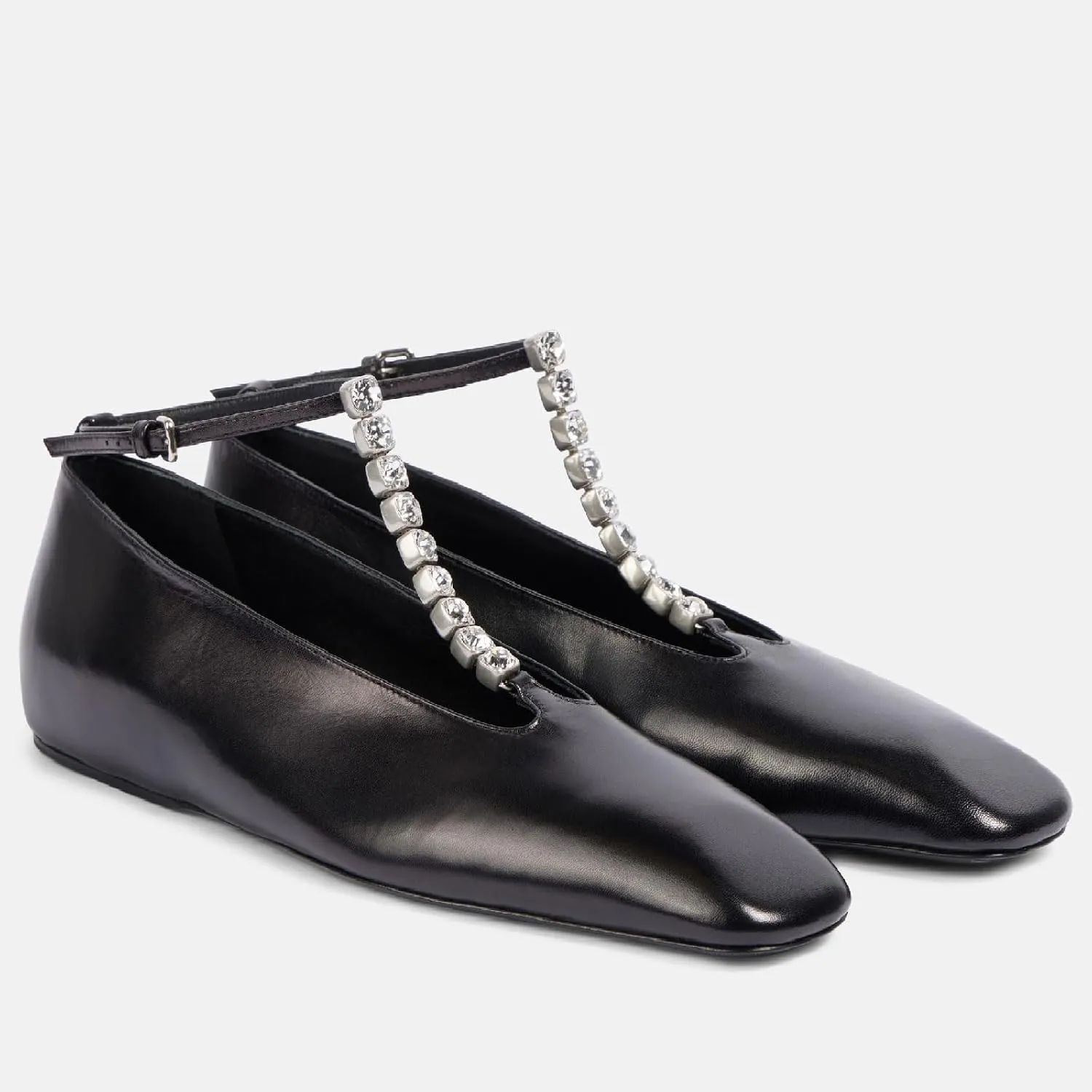 Women's Square Toe Ballet Flats Fashion T-Strap with Crystal Bar Flat Shoes Closed Toe Ankle Straps with Buckle Casual Office Dressy Flats for Women