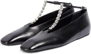 Women's Square Toe Ballet Flats Fashion T-Strap with Crystal Bar Flat Shoes Closed Toe Ankle Straps with Buckle Casual Office Dressy Flats for Women
