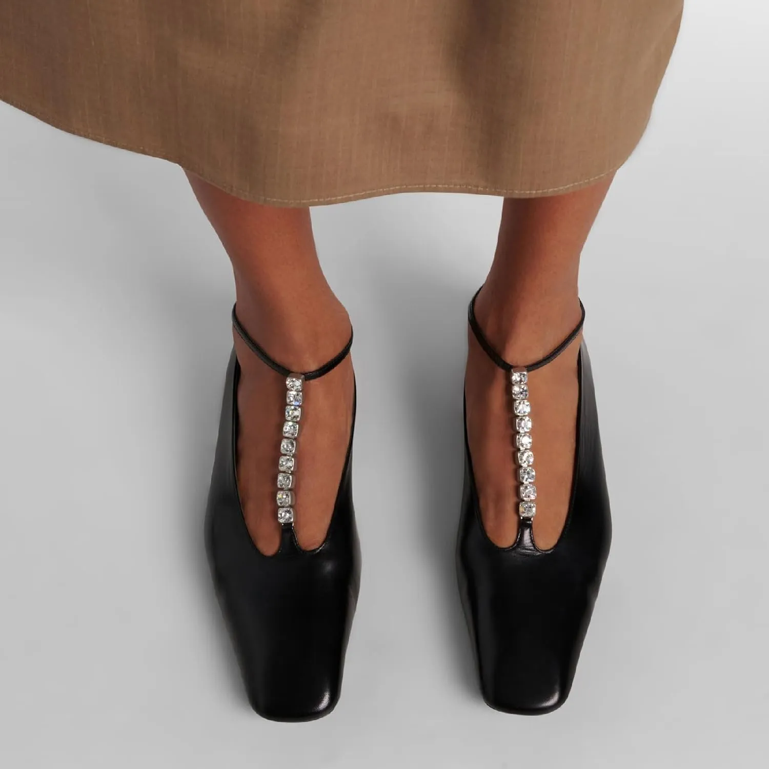 Women's Square Toe Ballet Flats Fashion T-Strap with Crystal Bar Flat Shoes Closed Toe Ankle Straps with Buckle Casual Office Dressy Flats for Women