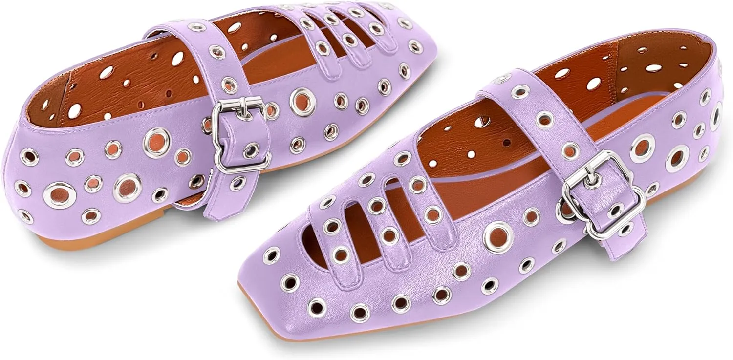 Women's Square Toe Ballet Flats Studded Metal Eyelet Perforated Hollow Out Buckle Mary Janes Shoes