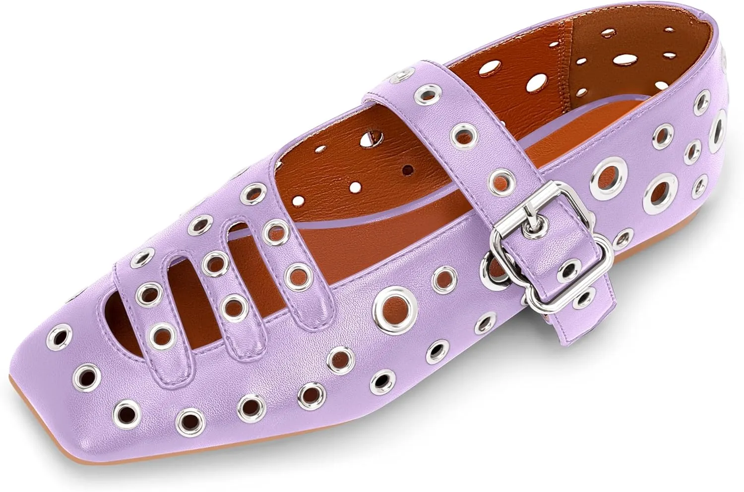 Women's Square Toe Ballet Flats Studded Metal Eyelet Perforated Hollow Out Buckle Mary Janes Shoes