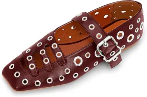 Women's Square Toe Ballet Flats Studded Metal Eyelet Perforated Hollow Out Buckle Mary Janes Shoes