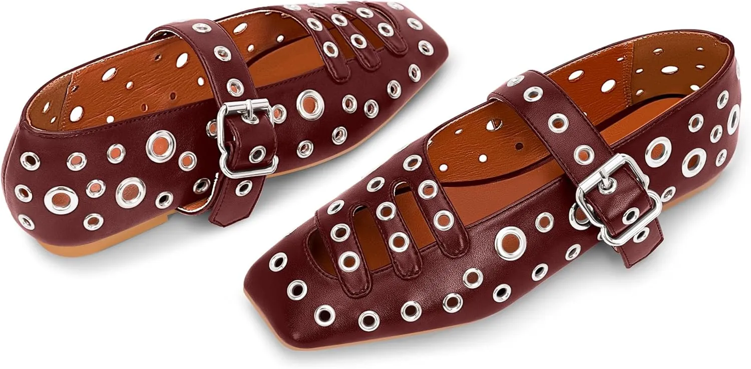 Women's Square Toe Ballet Flats Studded Metal Eyelet Perforated Hollow Out Buckle Mary Janes Shoes