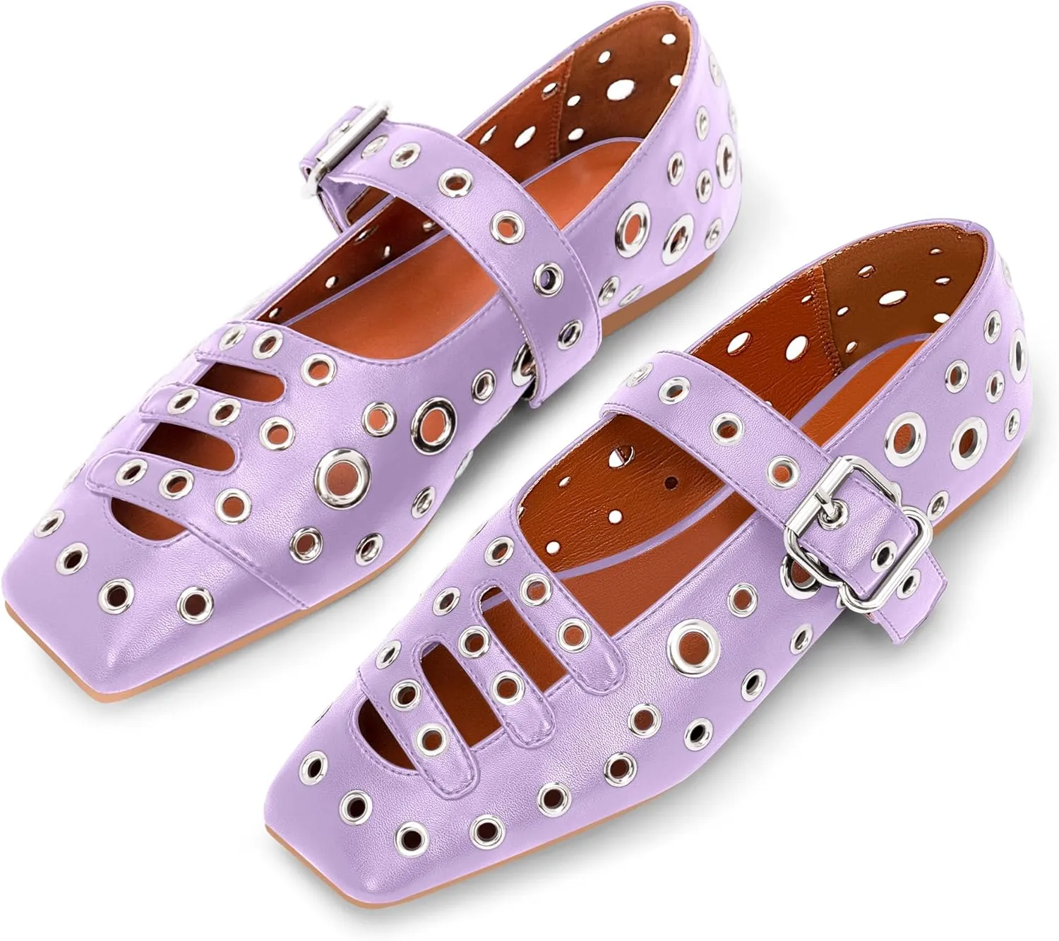 Women's Square Toe Ballet Flats Studded Metal Eyelet Perforated Hollow Out Buckle Mary Janes Shoes