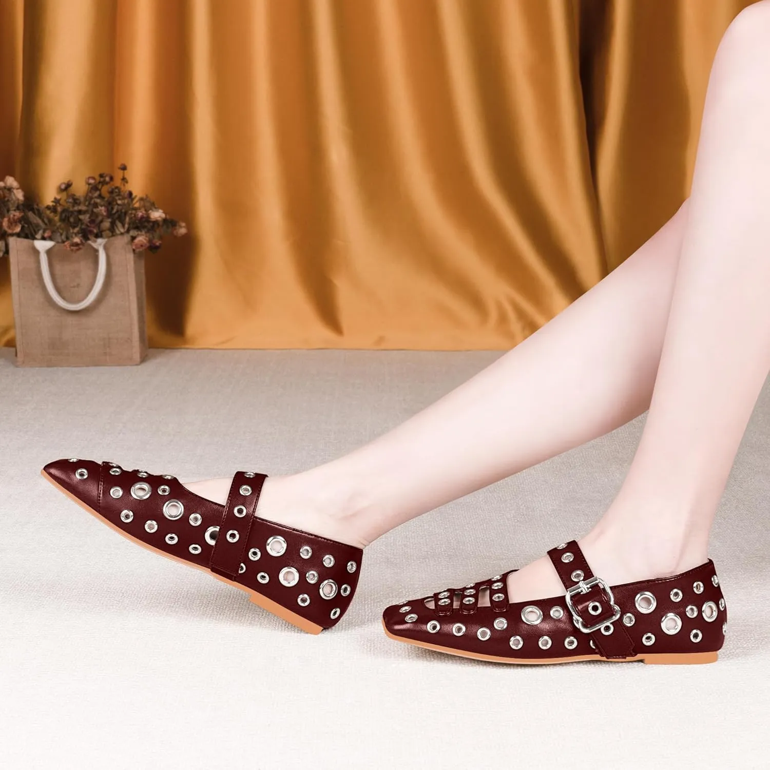 Women's Square Toe Ballet Flats Studded Metal Eyelet Perforated Hollow Out Buckle Mary Janes Shoes