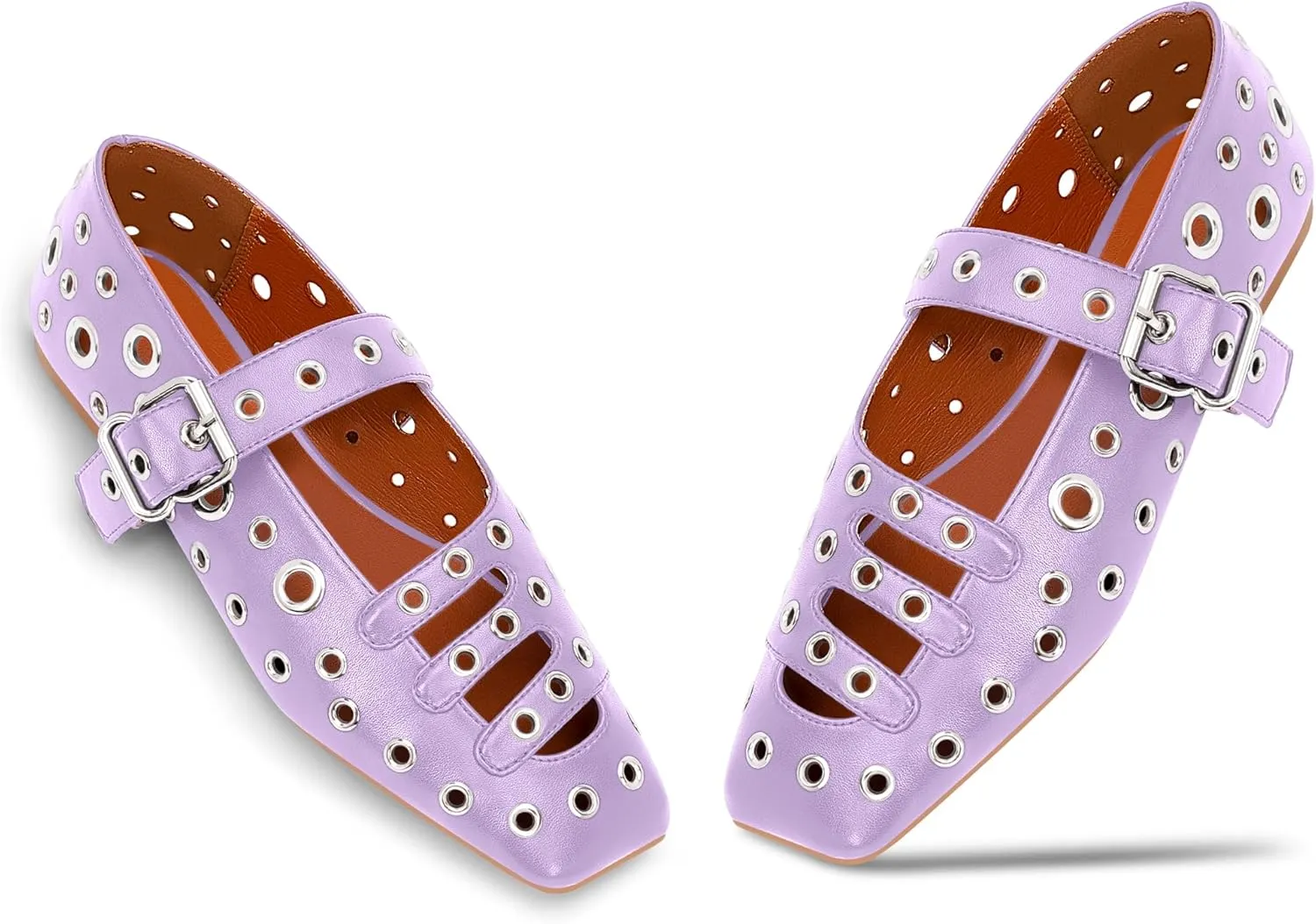 Women's Square Toe Ballet Flats Studded Metal Eyelet Perforated Hollow Out Buckle Mary Janes Shoes