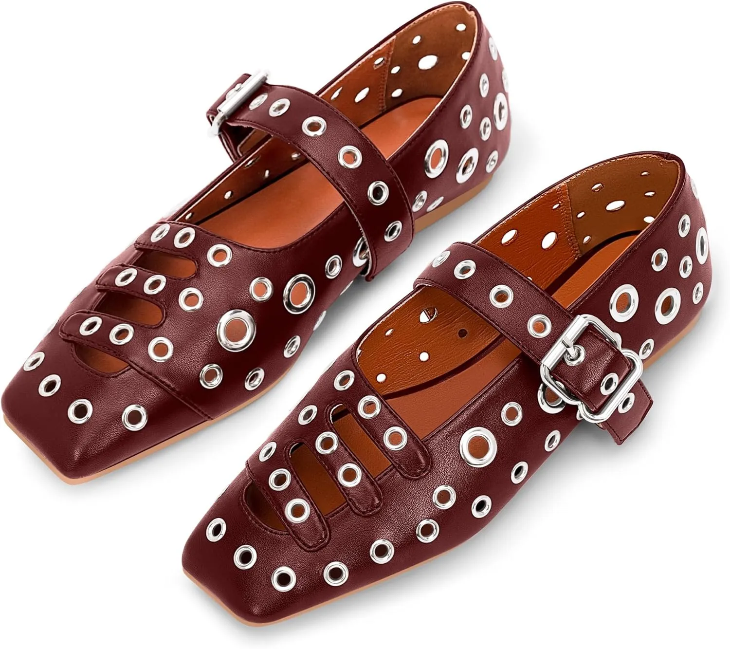 Women's Square Toe Ballet Flats Studded Metal Eyelet Perforated Hollow Out Buckle Mary Janes Shoes
