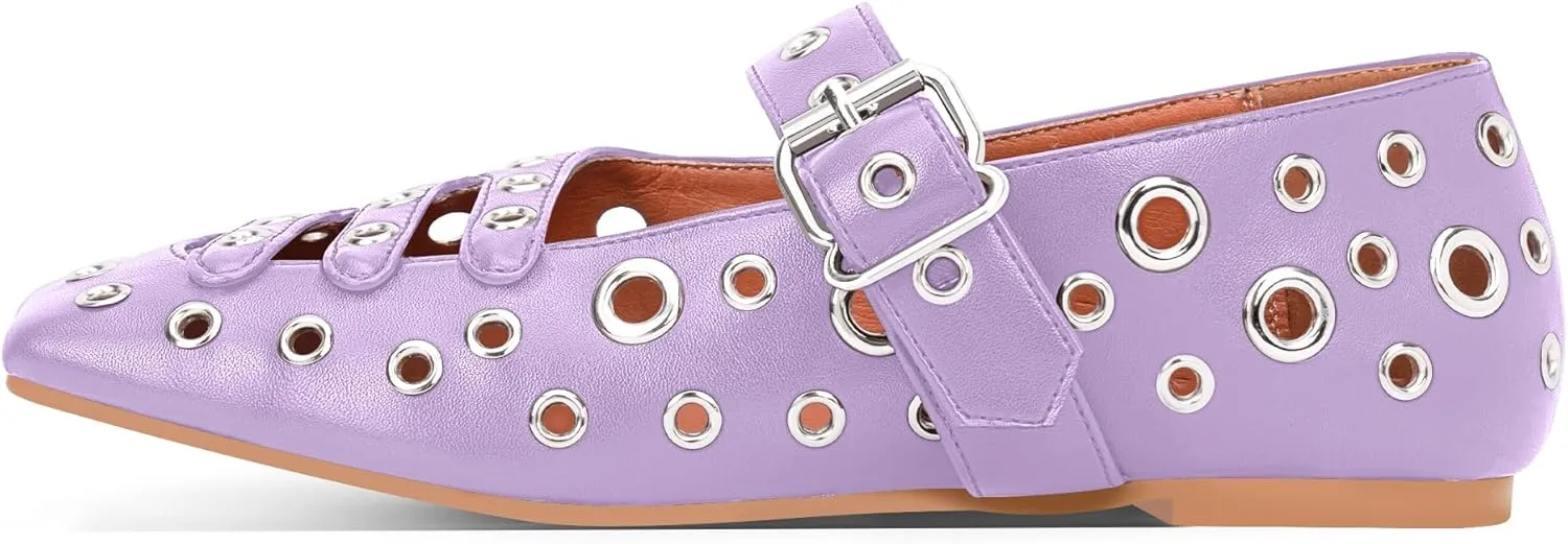 Women's Square Toe Ballet Flats Studded Metal Eyelet Perforated Hollow Out Buckle Mary Janes Shoes