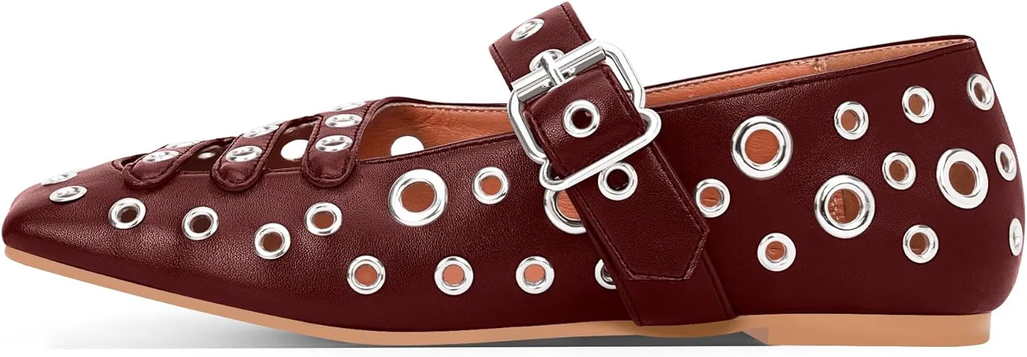 Women's Square Toe Ballet Flats Studded Metal Eyelet Perforated Hollow Out Buckle Mary Janes Shoes