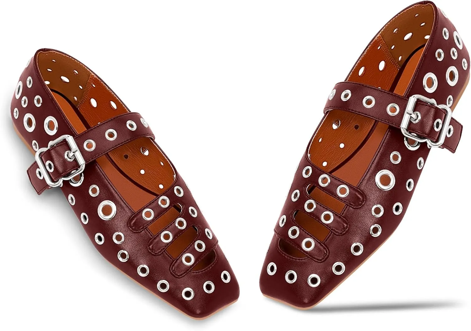 Women's Square Toe Ballet Flats Studded Metal Eyelet Perforated Hollow Out Buckle Mary Janes Shoes