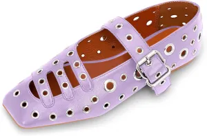 Women's Square Toe Ballet Flats Studded Metal Eyelet Perforated Hollow Out Buckle Mary Janes Shoes