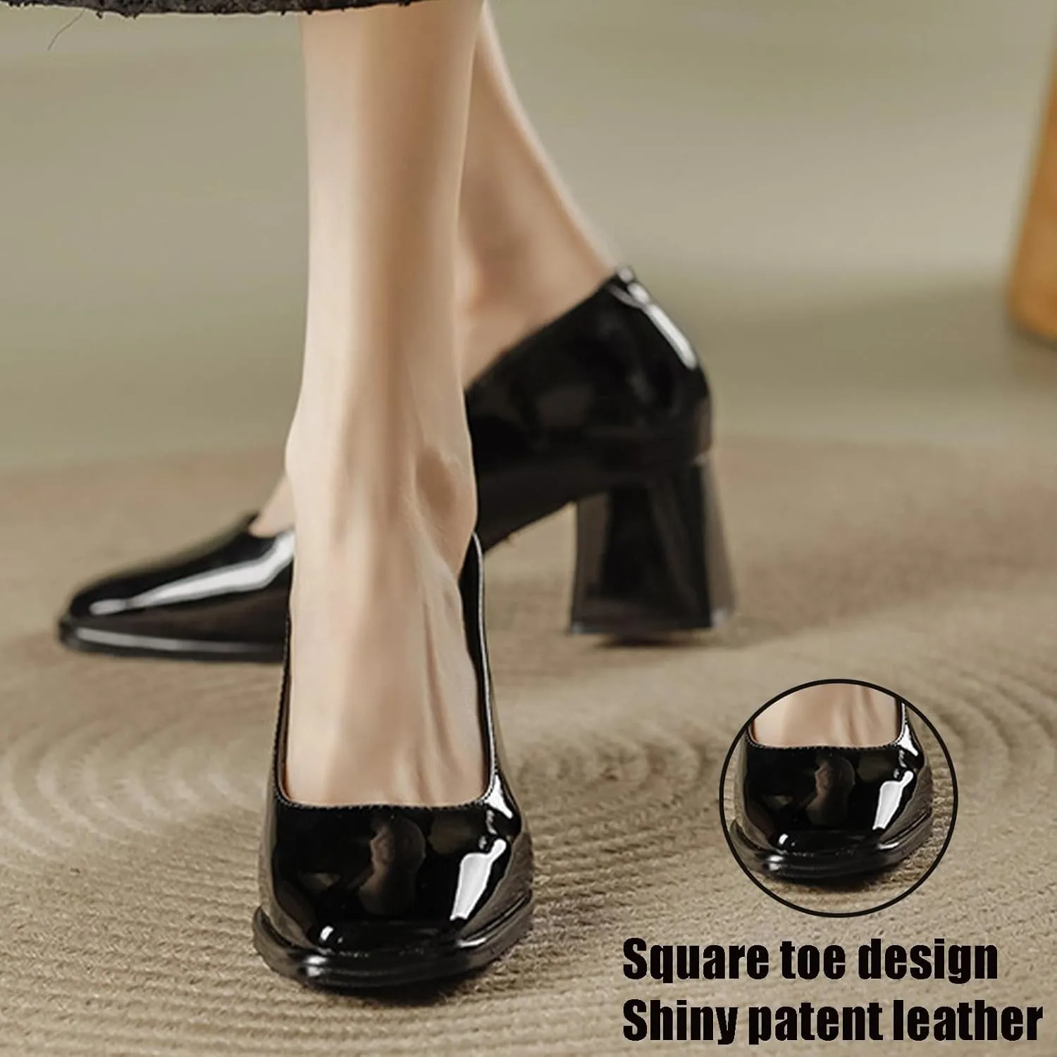 Women's Square Toe Patent Leather Chunky Heel Pumps Classic Slip On Mid Block Heel Office Business Dress Shoes Daily Breathable Non-Slip Casual Shoes