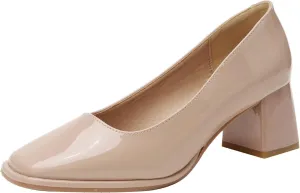 Women's Square Toe Patent Leather Chunky Heel Pumps Classic Slip On Mid Block Heel Office Business Dress Shoes Daily Breathable Non-Slip Casual Shoes