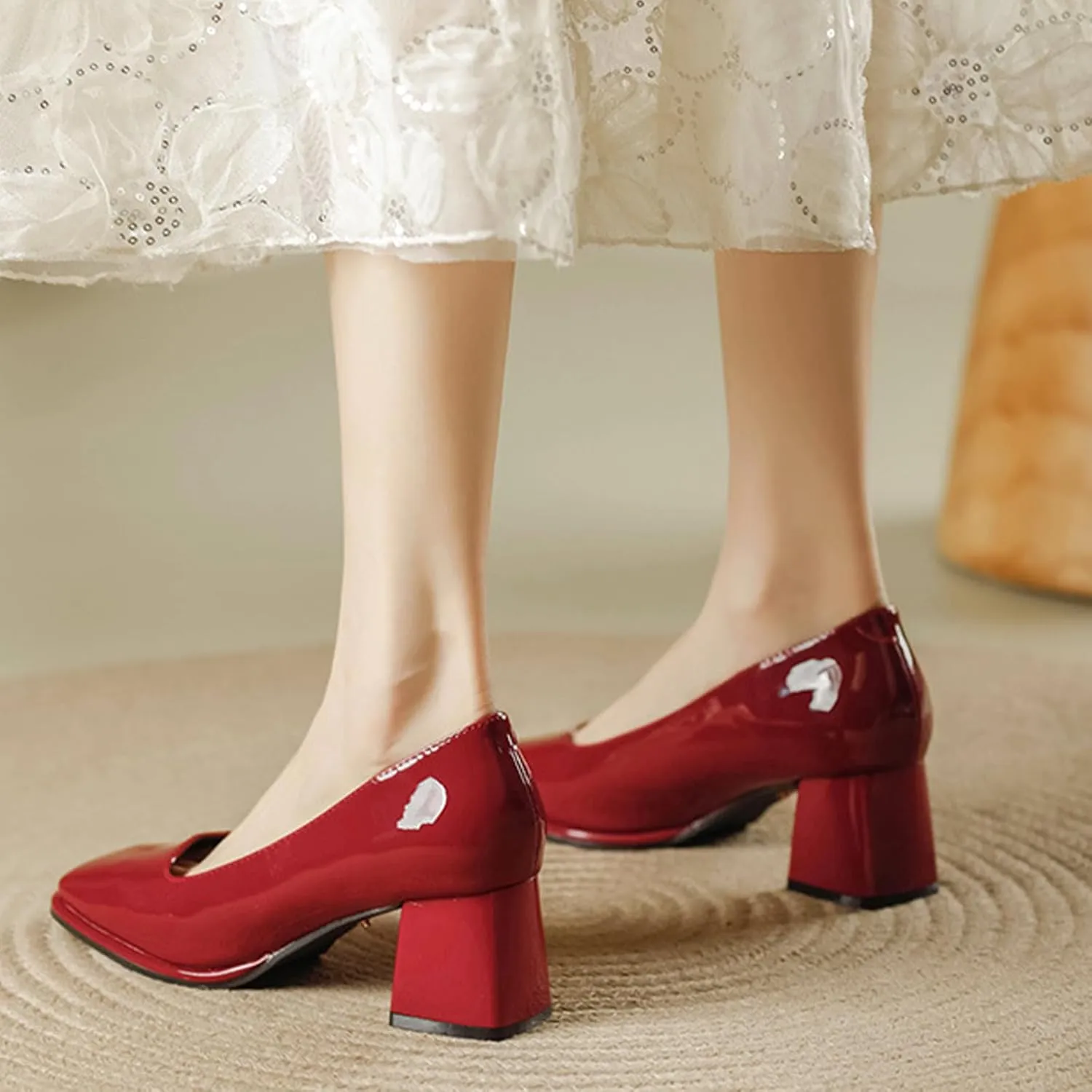 Women's Square Toe Patent Leather Chunky Heel Pumps Classic Slip On Mid Block Heel Office Business Dress Shoes Daily Breathable Non-Slip Casual Shoes
