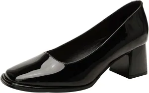Women's Square Toe Patent Leather Chunky Heel Pumps Classic Slip On Mid Block Heel Office Business Dress Shoes Daily Breathable Non-Slip Casual Shoes
