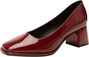 Women's Square Toe Patent Leather Chunky Heel Pumps Classic Slip On Mid Block Heel Office Business Dress Shoes Daily Breathable Non-Slip Casual Shoes