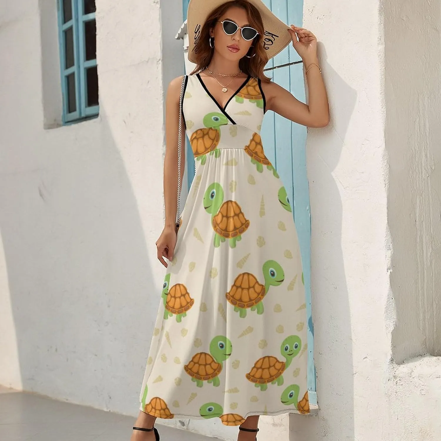 Womens Summer Maxi Dress Cute Turtle Pattern Sundress Casual Sleeveless Long Dress