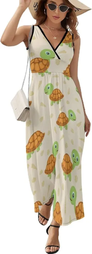Womens Summer Maxi Dress Cute Turtle Pattern Sundress Casual Sleeveless Long Dress