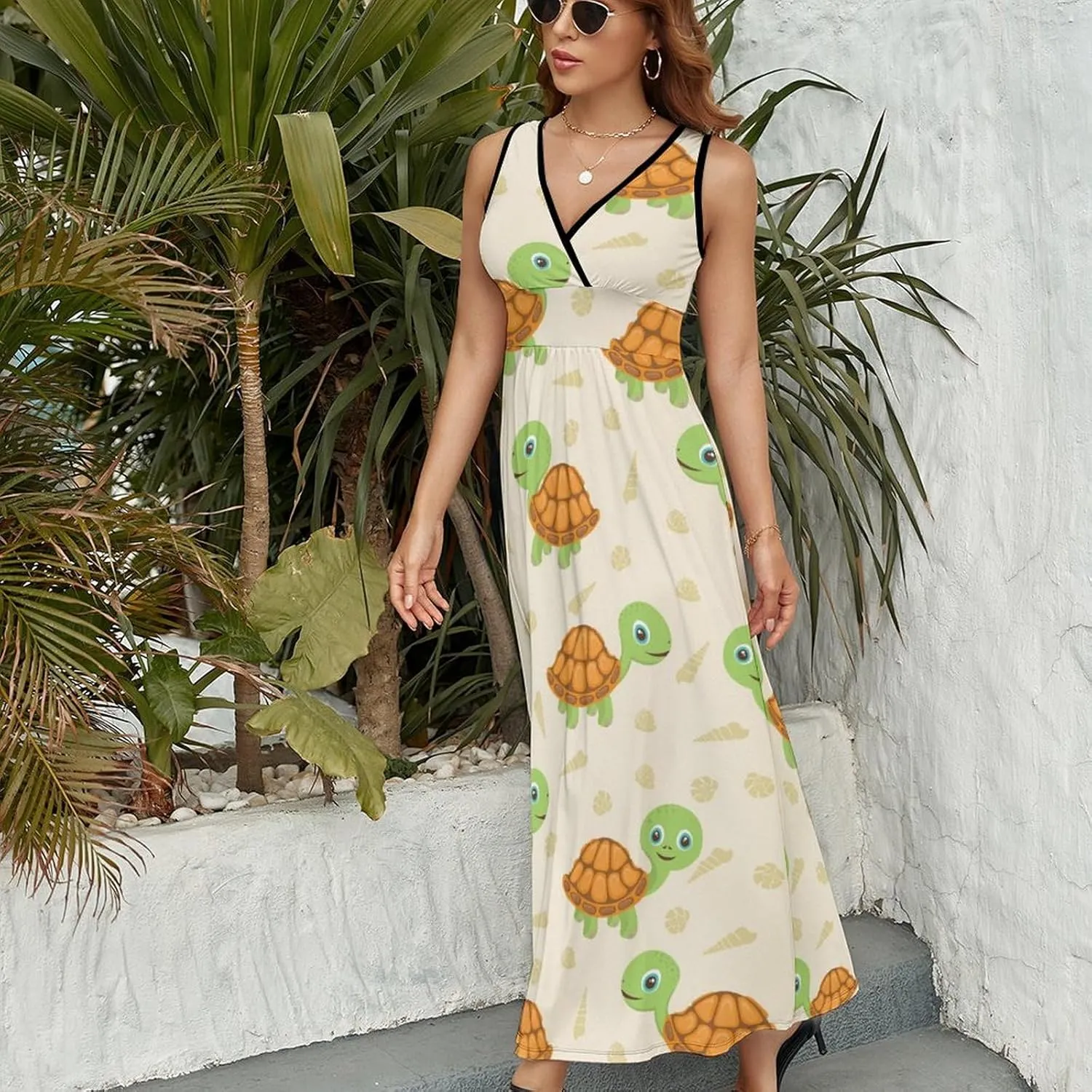 Womens Summer Maxi Dress Cute Turtle Pattern Sundress Casual Sleeveless Long Dress