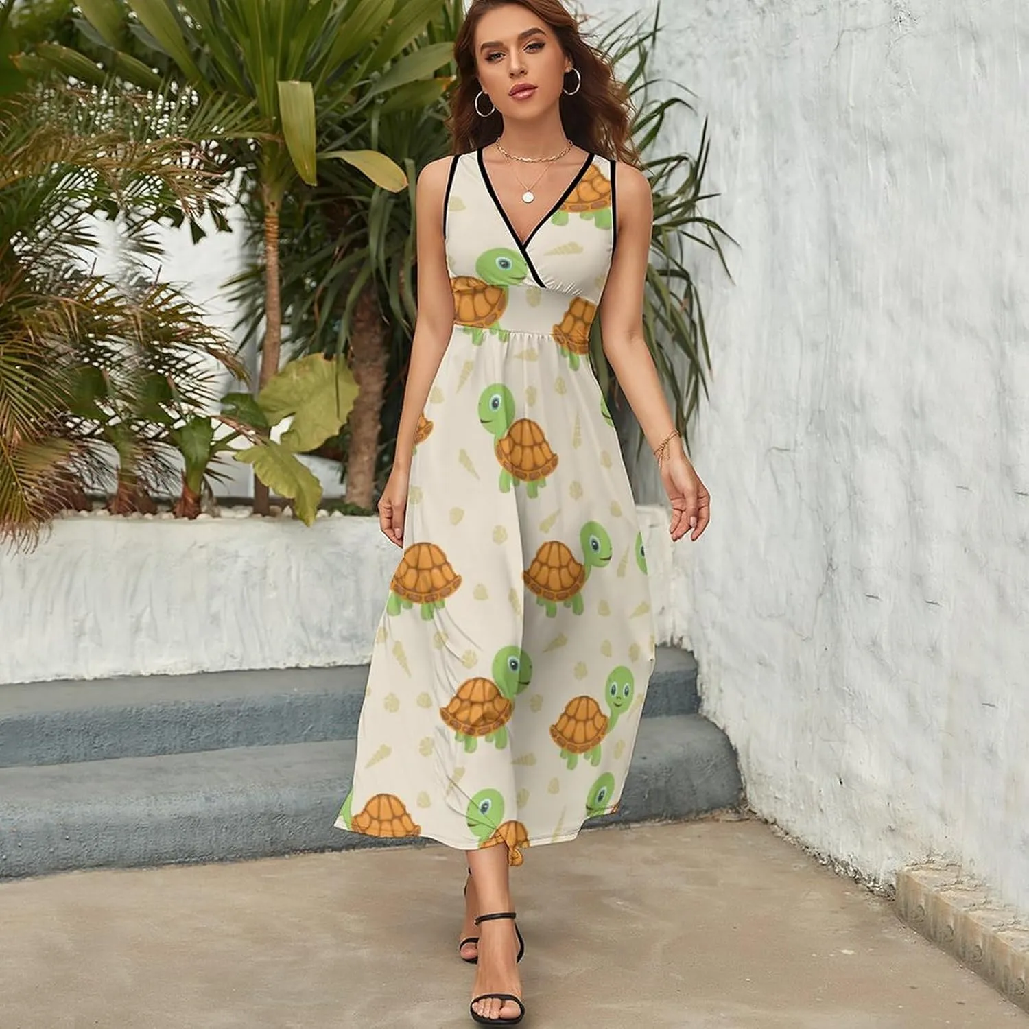 Womens Summer Maxi Dress Cute Turtle Pattern Sundress Casual Sleeveless Long Dress