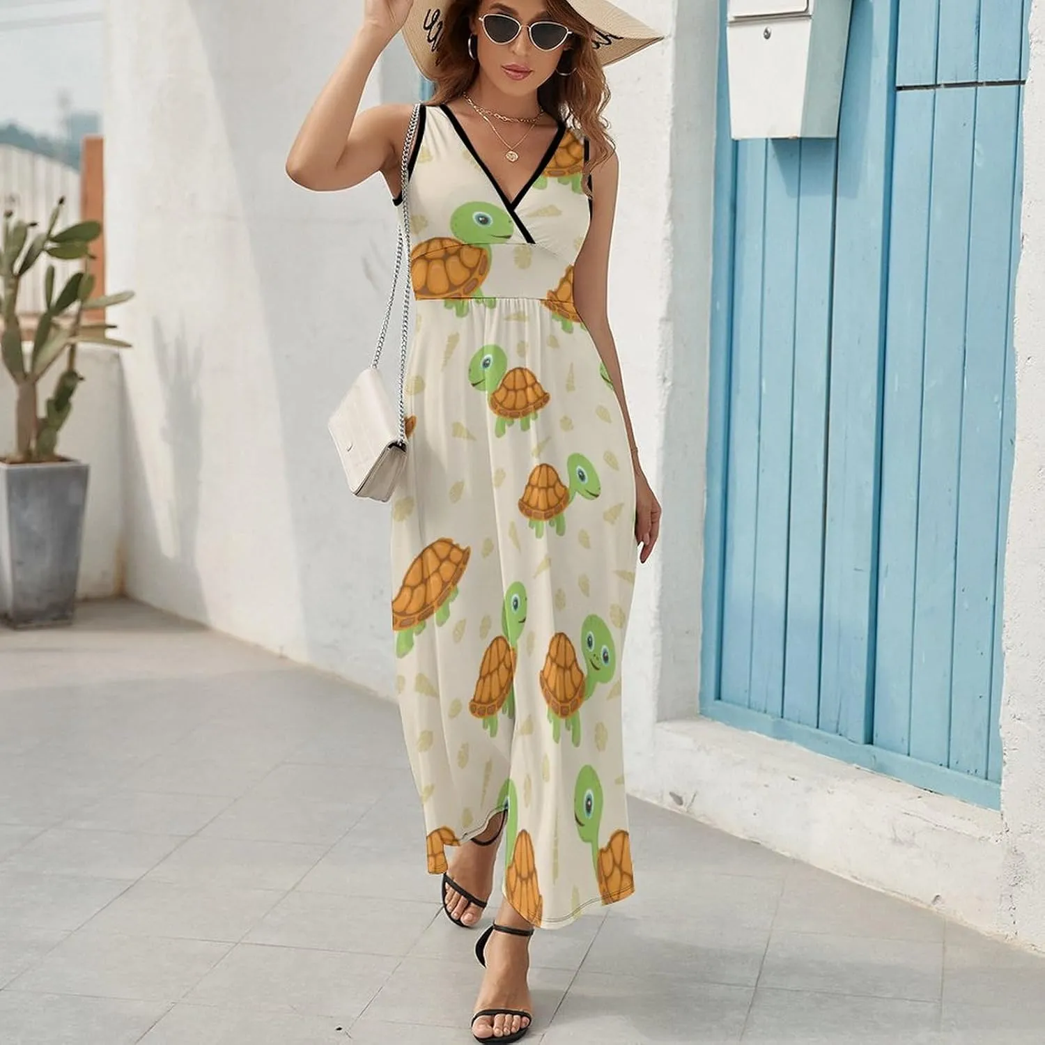 Womens Summer Maxi Dress Cute Turtle Pattern Sundress Casual Sleeveless Long Dress