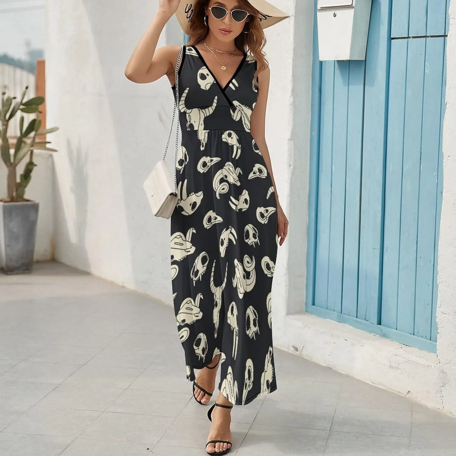 Womens Summer Maxi Dress Various Skulls Birds Sundress Casual Sleeveless Long Dress