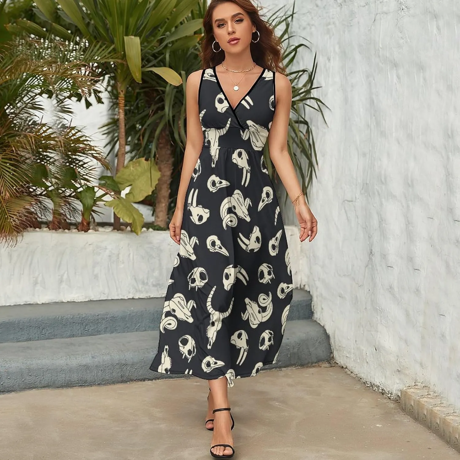 Womens Summer Maxi Dress Various Skulls Birds Sundress Casual Sleeveless Long Dress
