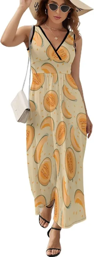 Womens Summer Maxi Dress Yellow Melon Slices Sundress Casual Sleeveless Long Dress