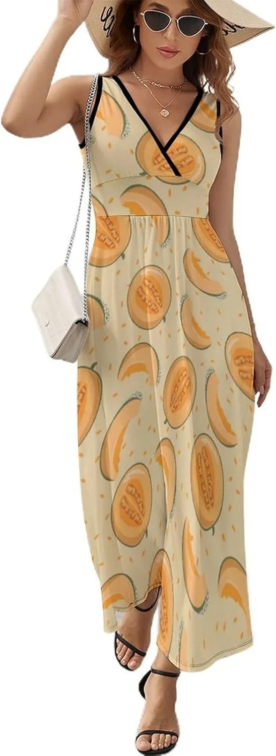 Womens Summer Maxi Dress Yellow Melon Slices Sundress Casual Sleeveless Long Dress