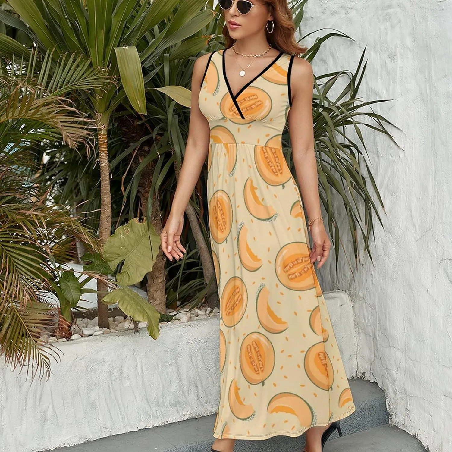 Womens Summer Maxi Dress Yellow Melon Slices Sundress Casual Sleeveless Long Dress
