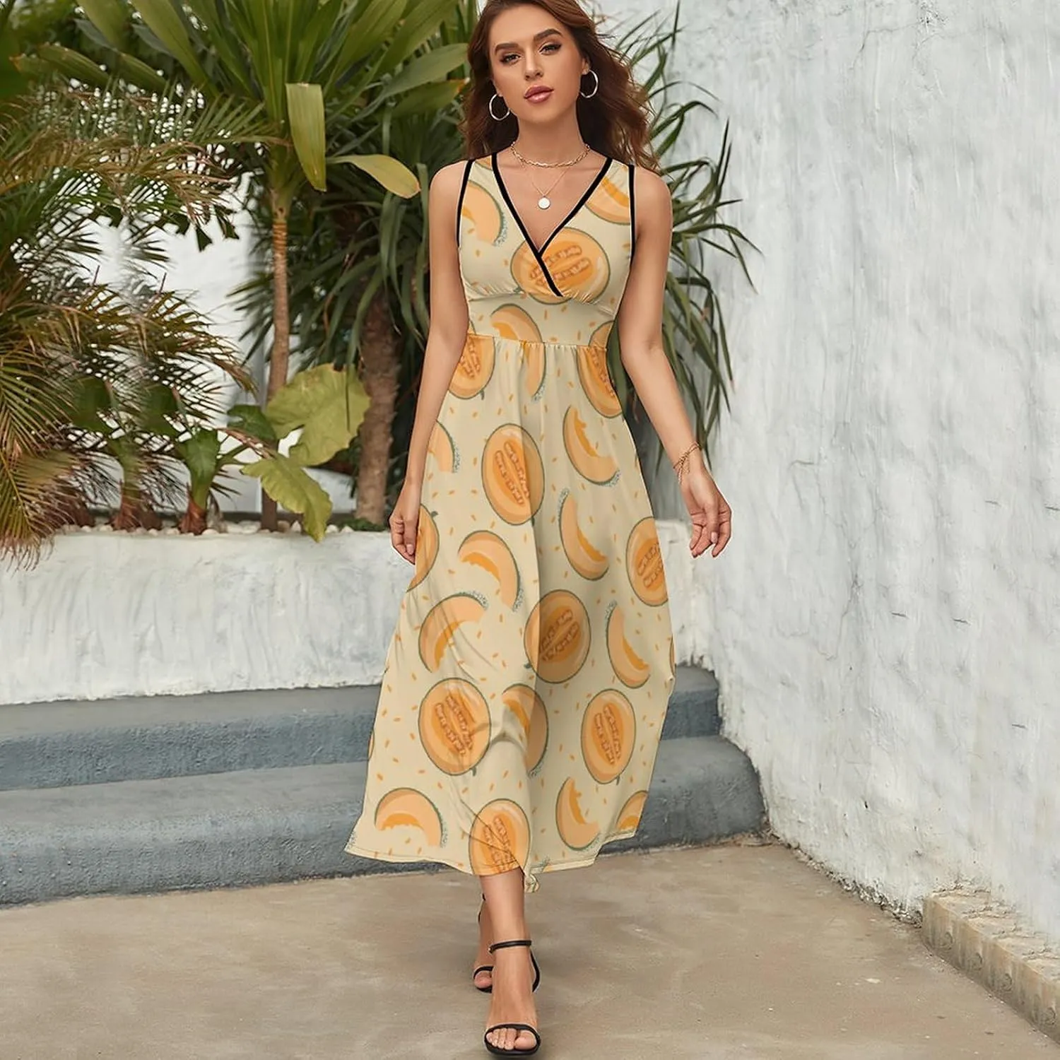 Womens Summer Maxi Dress Yellow Melon Slices Sundress Casual Sleeveless Long Dress