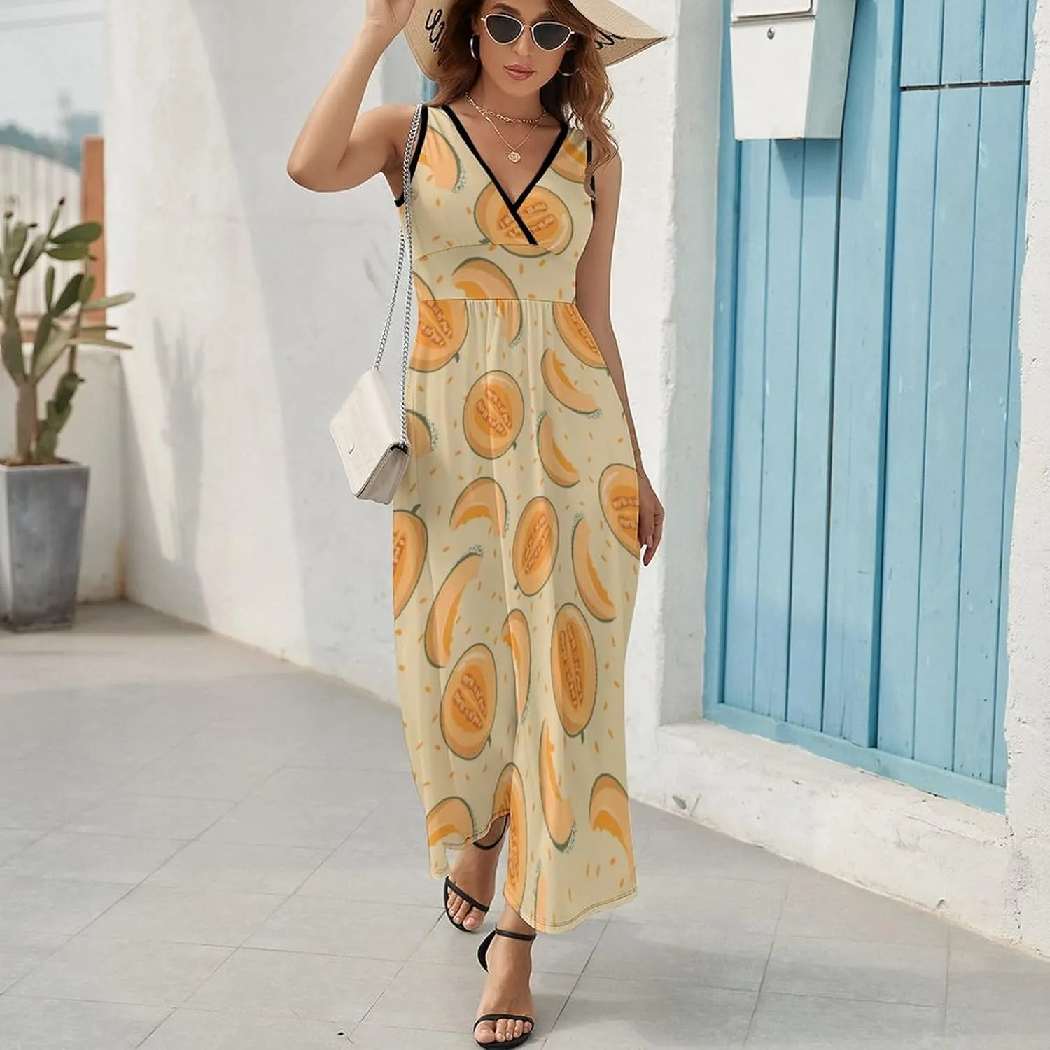 Womens Summer Maxi Dress Yellow Melon Slices Sundress Casual Sleeveless Long Dress