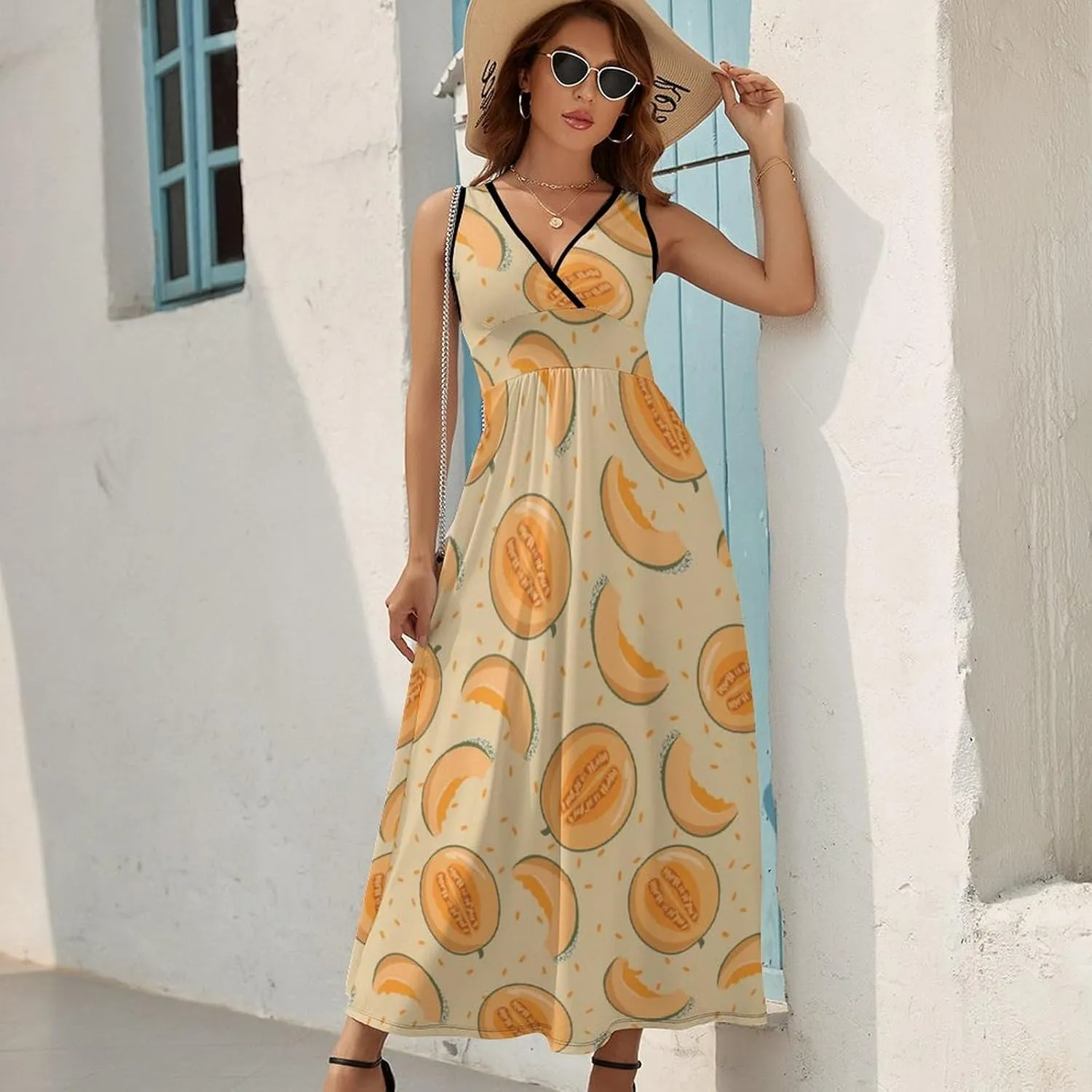 Womens Summer Maxi Dress Yellow Melon Slices Sundress Casual Sleeveless Long Dress