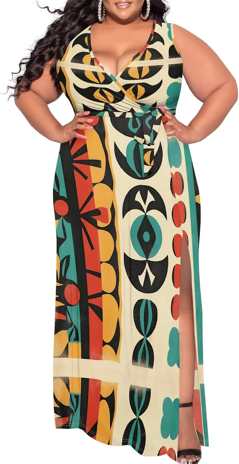Women's Summer Sexy V-Neck Side Slit Dress Casual Fashion Sleeveless Flowing Cocktail Party Evening Dresses