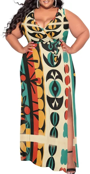Women's Summer Sexy V-Neck Side Slit Dress Casual Fashion Sleeveless Flowing Cocktail Party Evening Dresses
