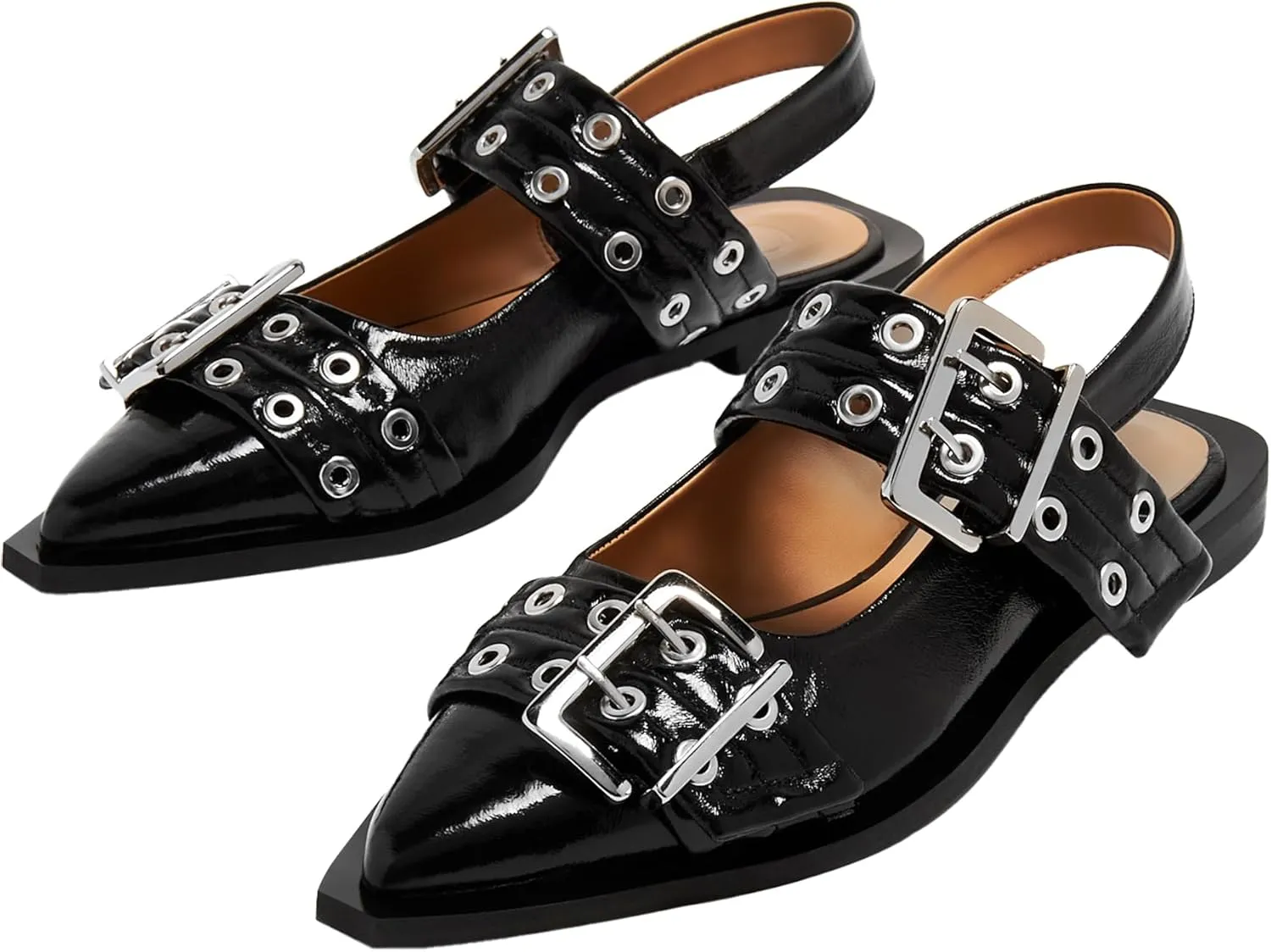 Women's Wide Welt Ballet Buckle Flats Comfortable Slingback Ballerina Squared Block Heel Sheos