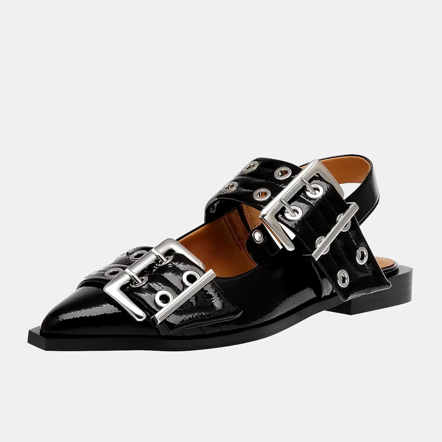 Women's Wide Welt Ballet Buckle Flats Comfortable Slingback Ballerina Squared Block Heel Sheos