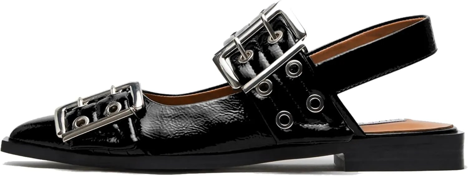 Women's Wide Welt Ballet Buckle Flats Comfortable Slingback Ballerina Squared Block Heel Sheos