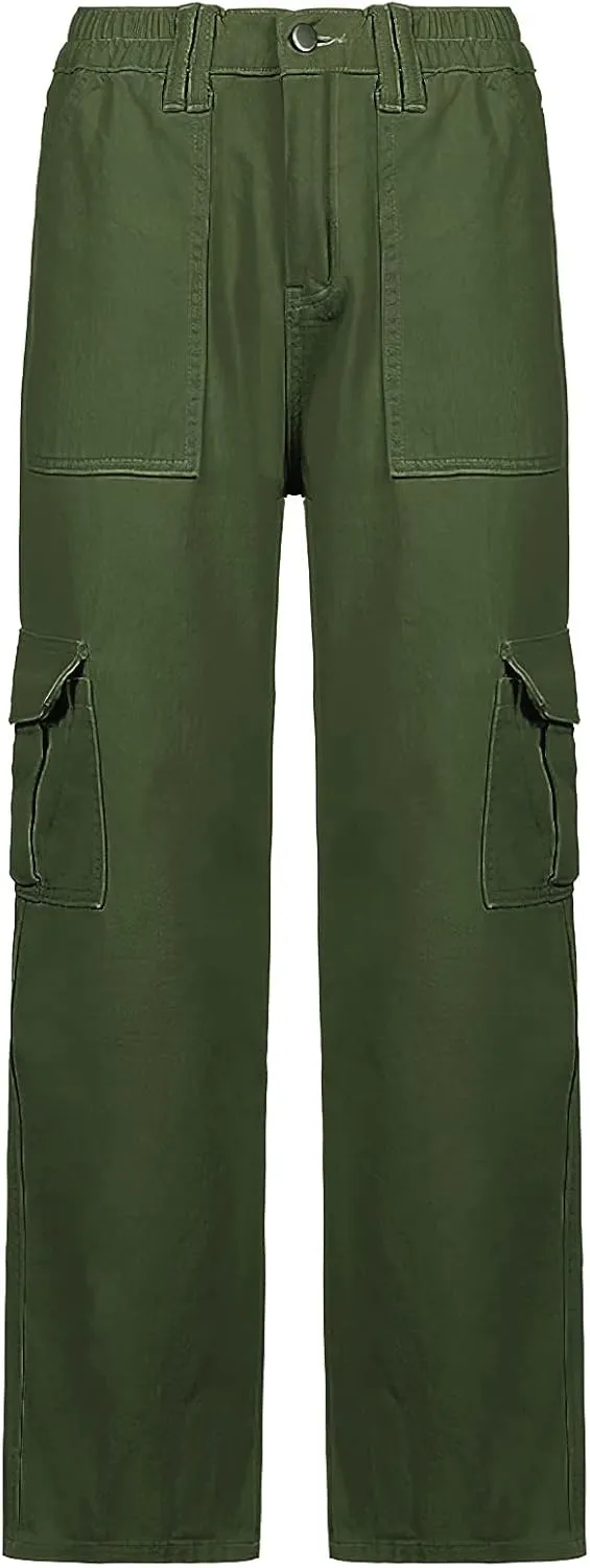 Women's Y2K Baggy Cargo Pants High Rise Straight Wide Leg Boyfriend Denim Cargo Trousers for Teen Girls Streetwear