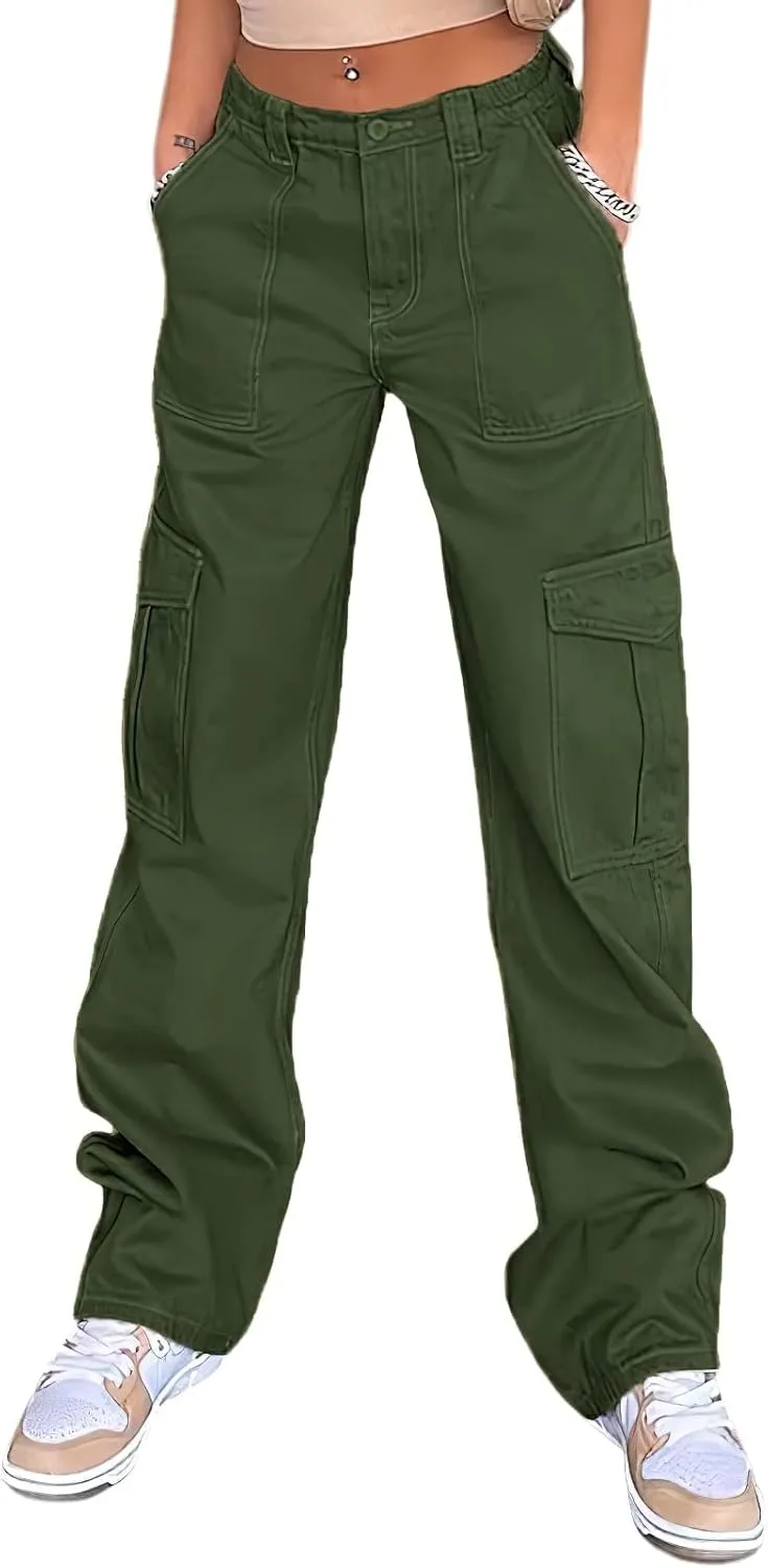 Women's Y2K Baggy Cargo Pants High Rise Straight Wide Leg Boyfriend Denim Cargo Trousers for Teen Girls Streetwear