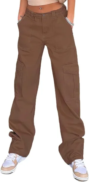 Women's Y2K Baggy Cargo Pants High Rise Straight Wide Leg Boyfriend Denim Cargo Trousers for Teen Girls Streetwear