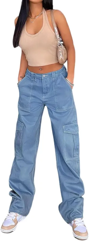 Women's Y2K Baggy Cargo Pants High Rise Straight Wide Leg Boyfriend Denim Cargo Trousers for Teen Girls Streetwear