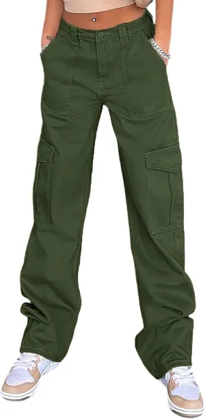 Women's Y2K Baggy Cargo Pants High Rise Straight Wide Leg Boyfriend Denim Cargo Trousers for Teen Girls Streetwear
