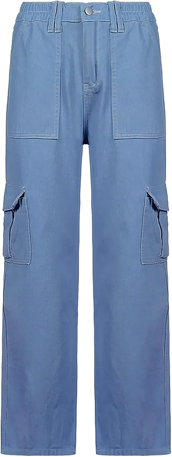 Women's Y2K Baggy Cargo Pants High Rise Straight Wide Leg Boyfriend Denim Cargo Trousers for Teen Girls Streetwear