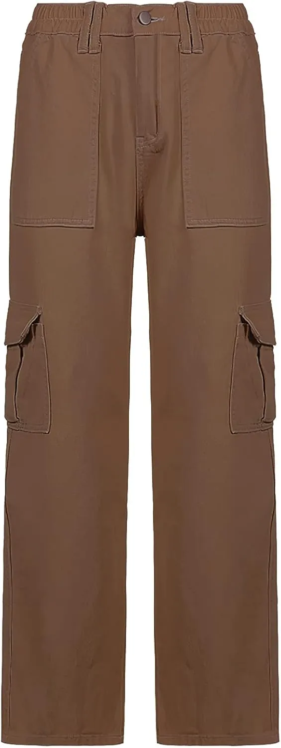 Women's Y2K Baggy Cargo Pants High Rise Straight Wide Leg Boyfriend Denim Cargo Trousers for Teen Girls Streetwear