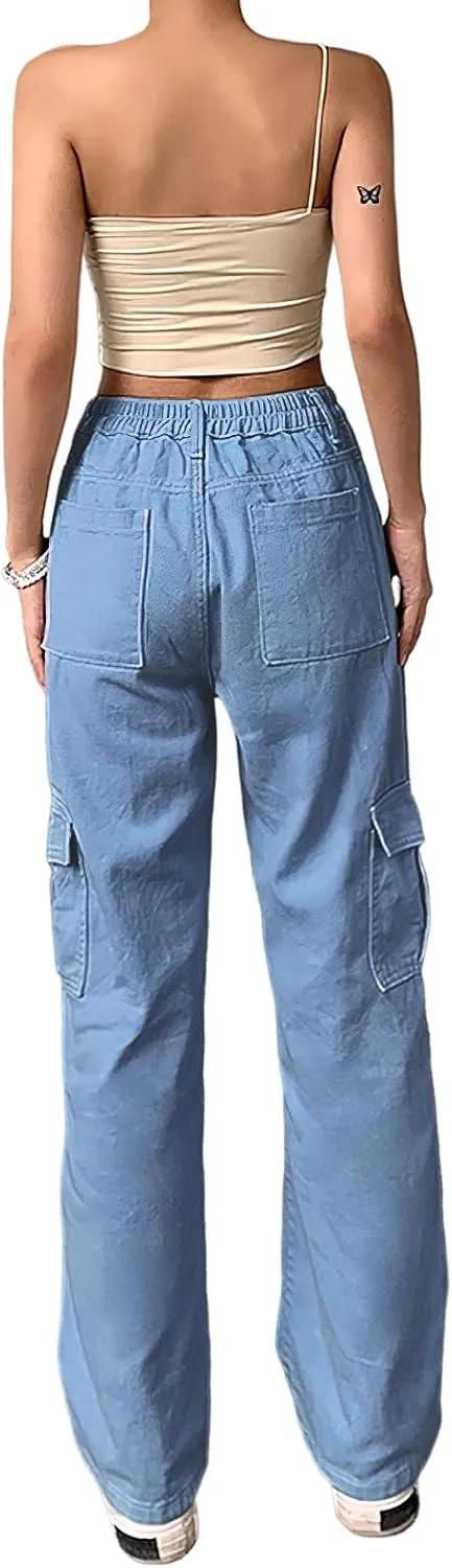 Women's Y2K Baggy Cargo Pants High Rise Straight Wide Leg Boyfriend Denim Cargo Trousers for Teen Girls Streetwear