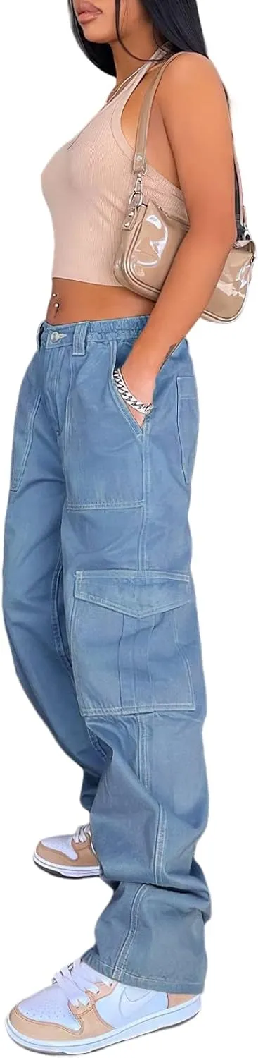 Women's Y2K Baggy Cargo Pants High Rise Straight Wide Leg Boyfriend Denim Cargo Trousers for Teen Girls Streetwear